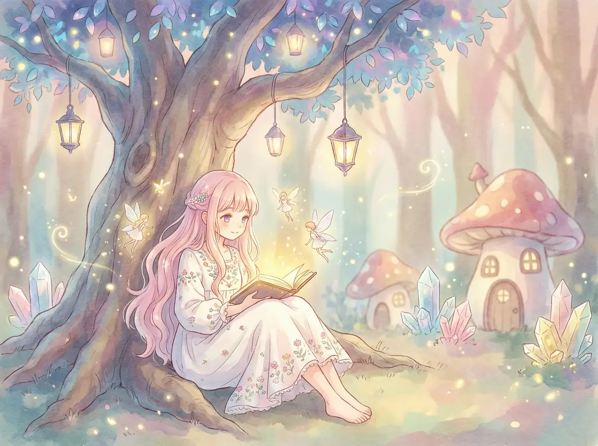 草莓视频app - 魔法森林中阅读故事书的粉发少女与精灵